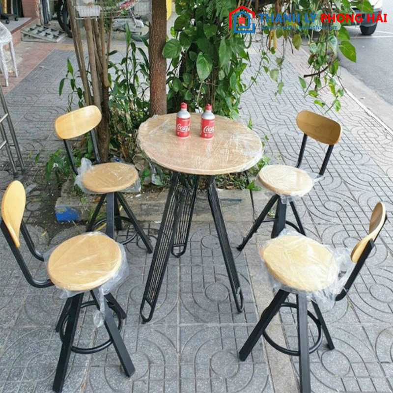 Bộ Bàn Ghế Cafe Gỗ Chân Sắt