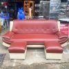 Bộ Sofa Da 3 Chỗ Kèm 2 Đôn Màu Đỏ Kem Cũ