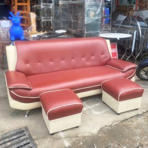 Bộ Sofa Da 3 Chỗ Kèm 2 Đôn Màu Đỏ Kem Cũ