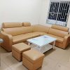 Bộ Sofa Góc L Màu Kem Bọc Da Kèm Bàn Trà Cũ