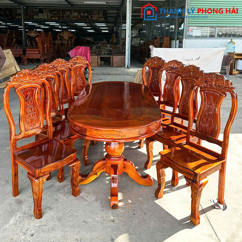 Thanh Lý Bộ Bàn Ăn Oval Gỗ Tràm 8 Ghế Mới 99%