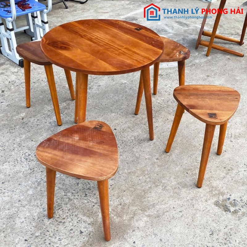 Bộ Bàn Ghế Cafe Mặt Tròn Kèm 4 Ghế Gỗ Cũ