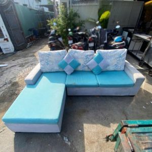 sofa góc L màu xanh phối trắng