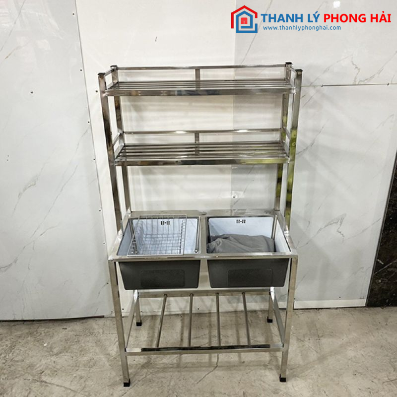 Bồn rửa chén inox 2 hộc có kệ mới 99%
