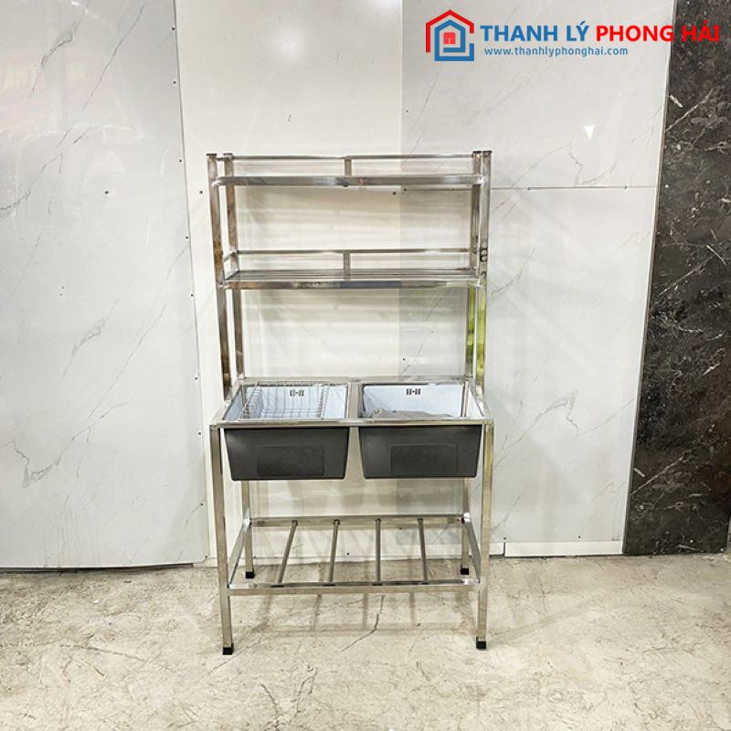 Bồn rửa chén inox 2 hộc có kệ mới 99%