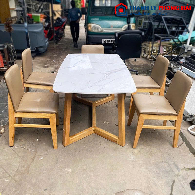 Bộ Bàn Ăn Kèm 5 Ghế Bọc Da 1m6 Cũ