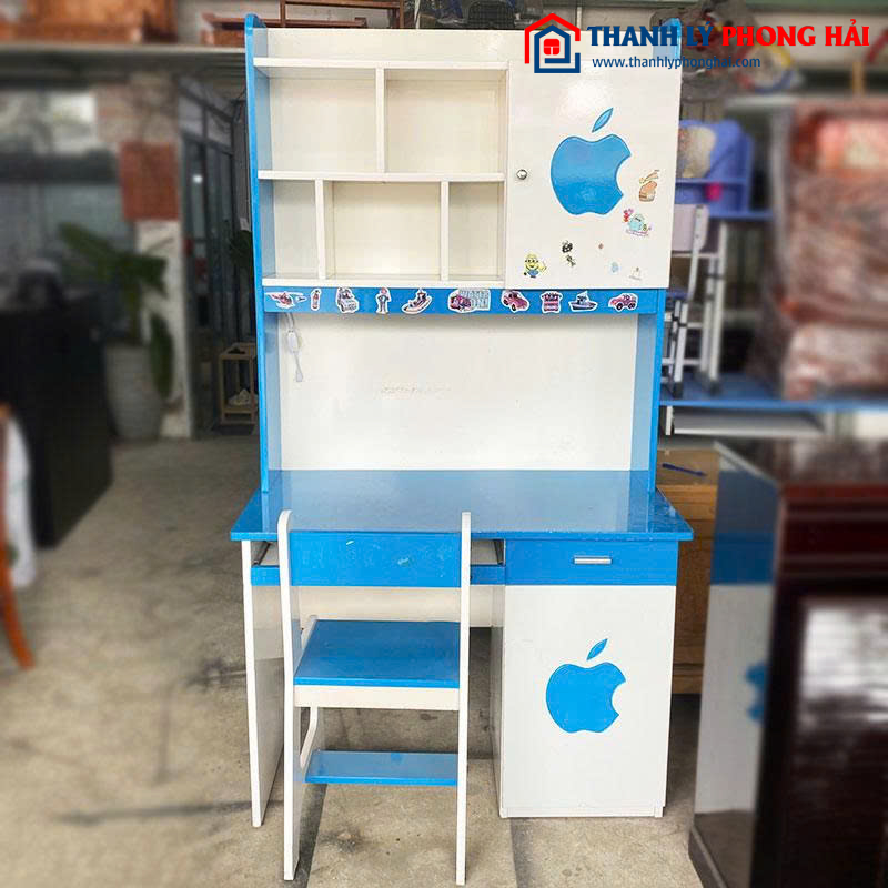 Bộ Bàn Học Sinh Gỗ MDF Màu Xanh Trắng 1m Cũ 1
