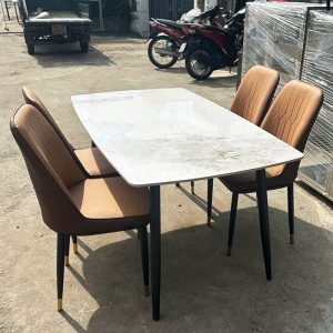 Bộ Bàn Ăn Mặt Đá Kèm 4 Ghế Da 1m4 Mới 99%