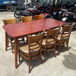 Bộ Bàn Ăn Mặt Gỗ Cũ 1m6 Kèm 6 Ghế Cabin