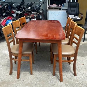 Bộ Bàn Ăn Mặt Gỗ Cũ 1m6 Kèm 6 Ghế Cabin