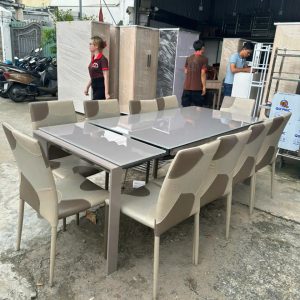 Bộ Bàn Ăn Mặt Kính Cũ 2m1 Kèm 10 Ghế Da