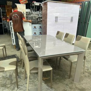 Bộ Bàn Ăn Mặt Kính Cũ 2m1 Kèm 10 Ghế Da