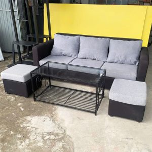 Bộ Sofa 3 Chỗ Cũ Bọc Da Đen Kèm Bàn Kính