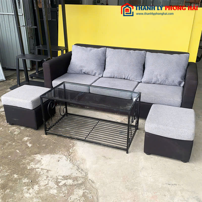 Bộ Sofa 3 Chỗ Cũ Bọc Da Đen Kèm Bàn Kính