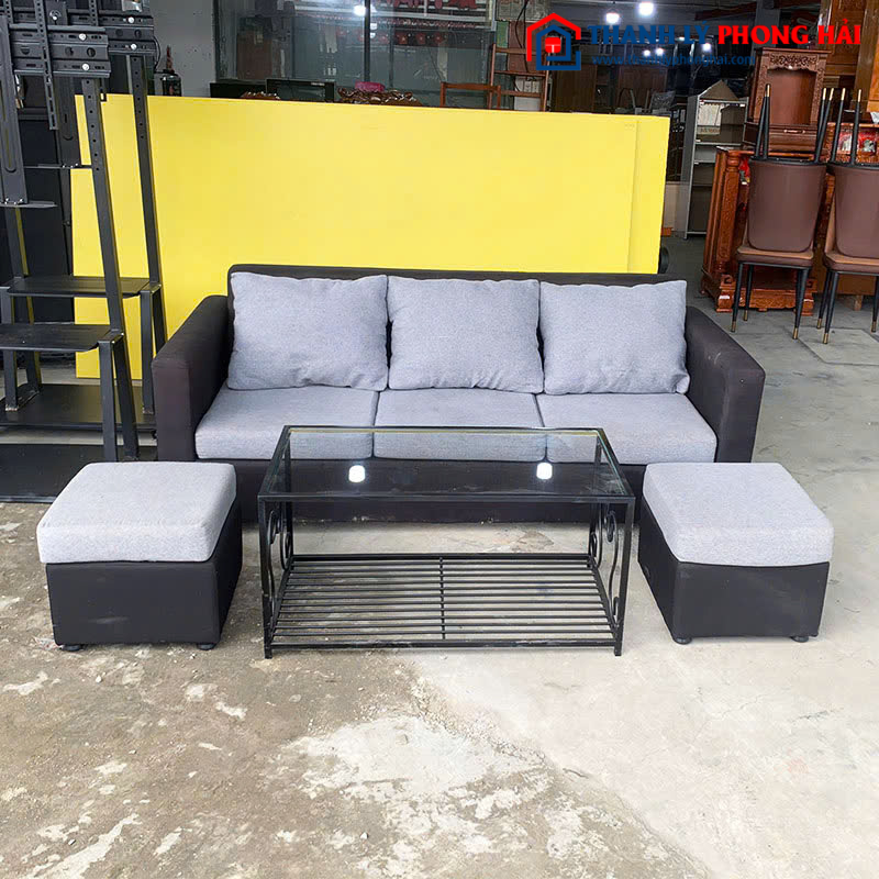 Bộ Sofa 3 Chỗ Cũ Bọc Da Đen Kèm Bàn Kính