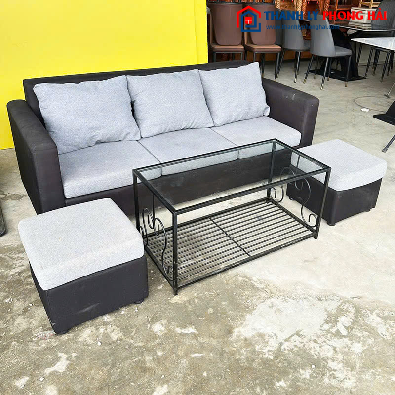Bộ Sofa 3 Chỗ Cũ Bọc Da Đen Kèm Bàn Kính