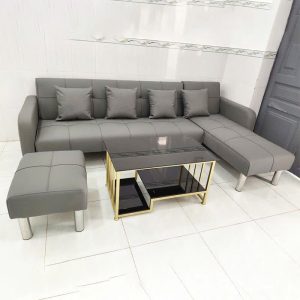 Thanh Lý Bộ Sofa Bed Bọc Da Góc L Màu Xám Mới 99%