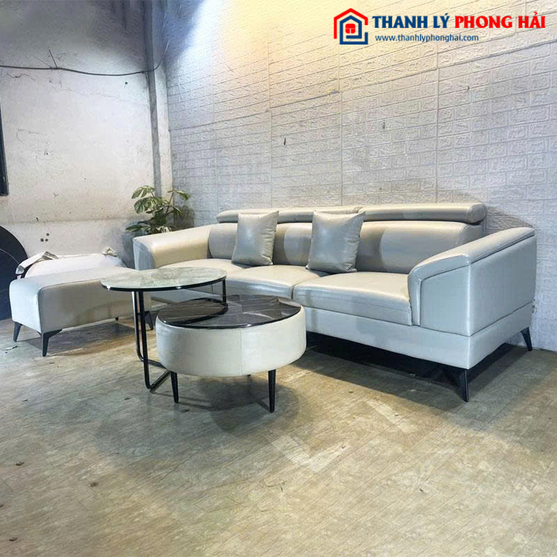Bộ Sofa Da Cao Cấp Màu Xám Kèm Bàn Đôi Mới 99%