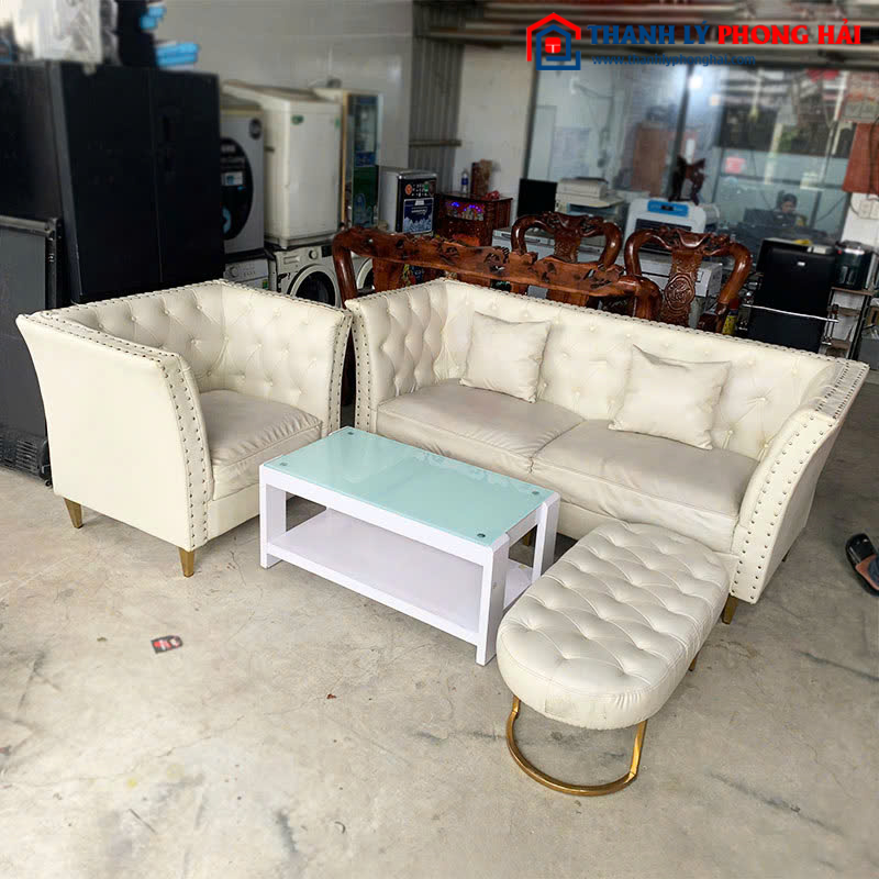 Bộ Sofa Da Màu Trắng Cũ 2m75 Kiểu Đính Nút