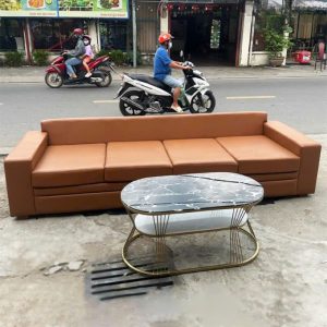 Băng Sofa Bọc Da Nâu Cũ 2m7 Kèm Bàn 2 Tầng