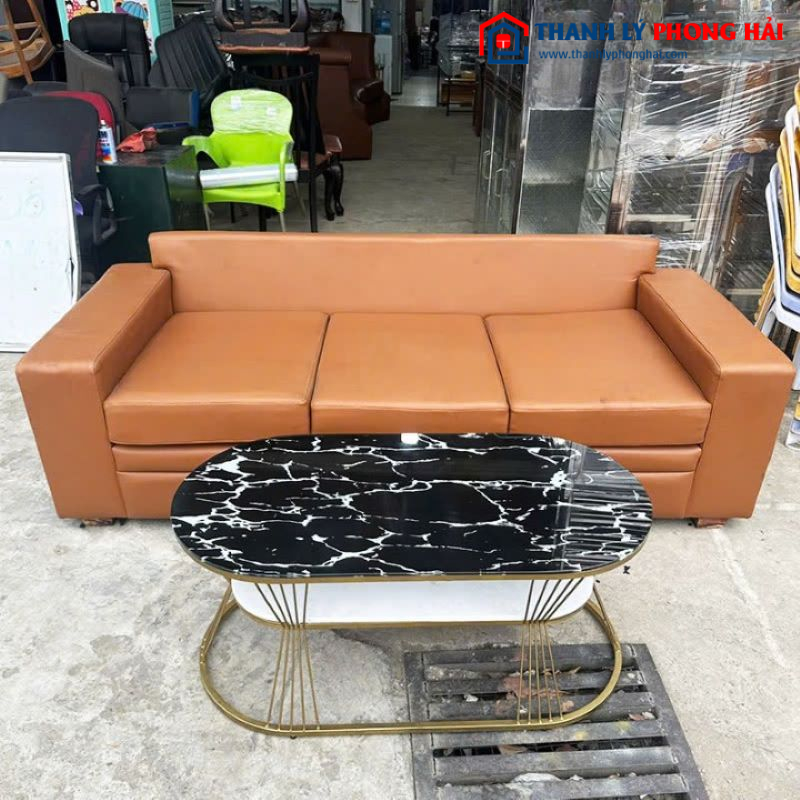Bộ Sofa 2m Bọc Da Cũ Kèm Bàn Oval 2 Tầng