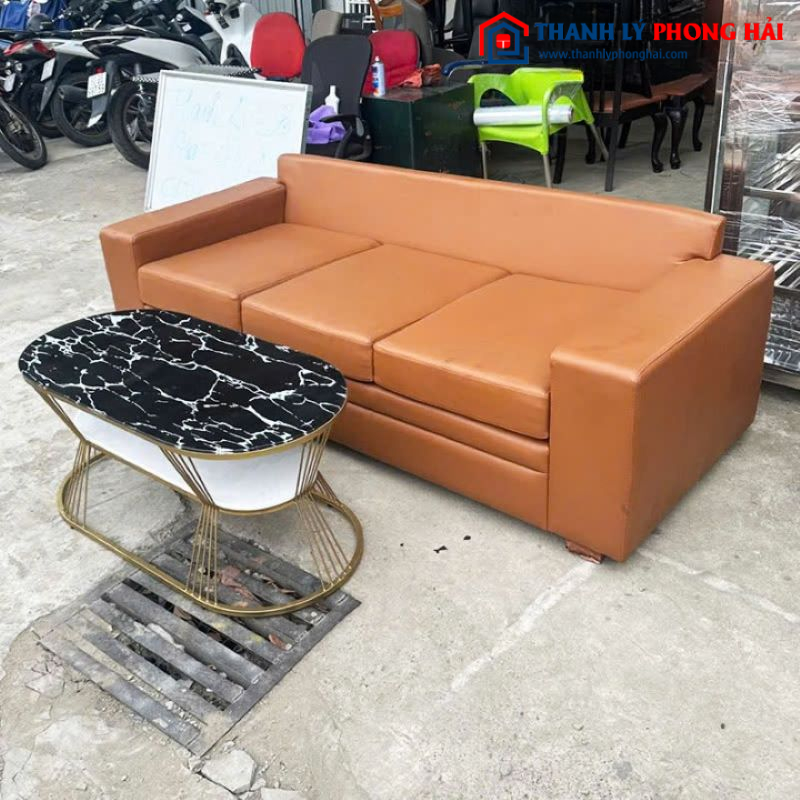Bộ Sofa 2m Bọc Da Cũ Kèm Bàn Oval 2 Tầng