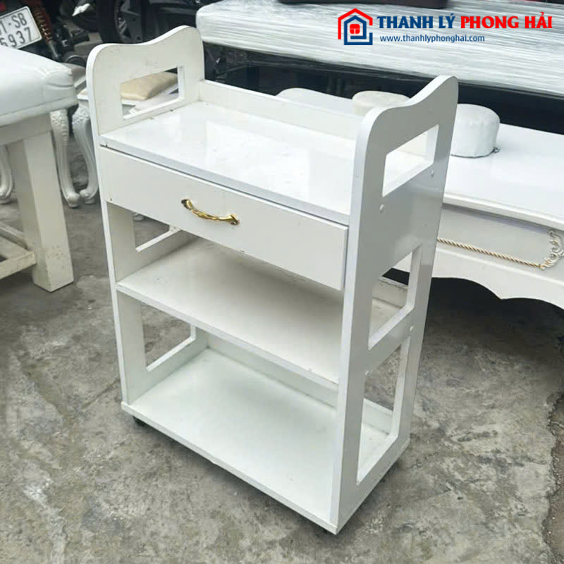 Kệ Gỗ Công Nghiệp Trắng 58cm Có Bánh Xe Cũ