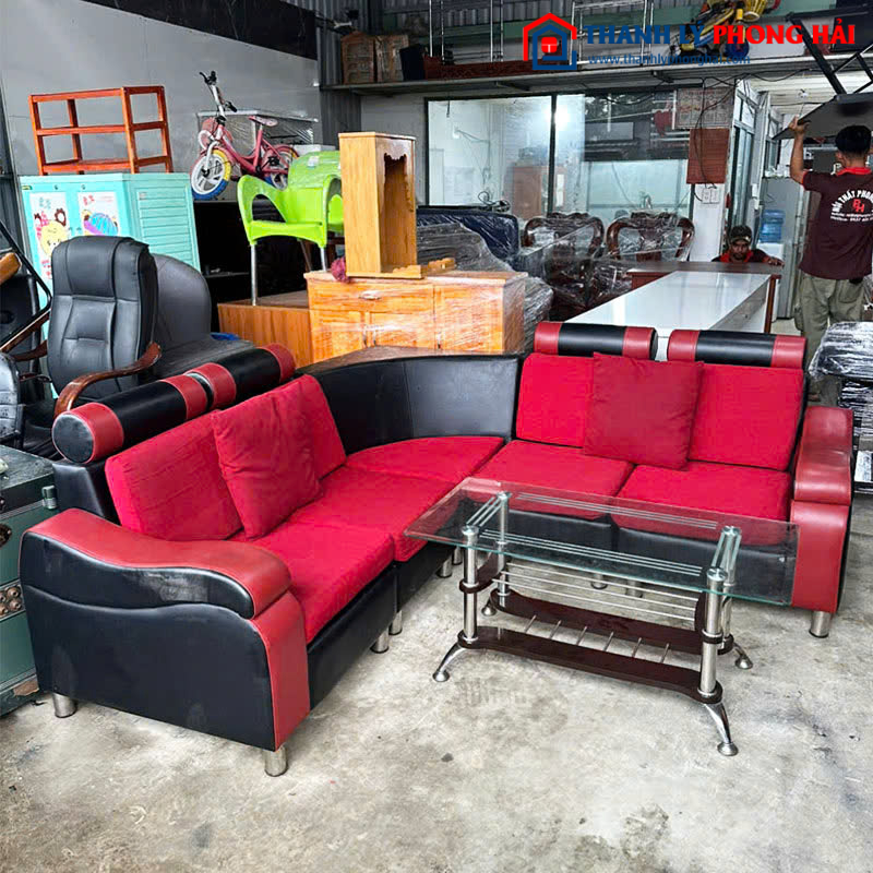 Sofa Góc L 2m Bọc Đệm Đỏ Đen Cũ