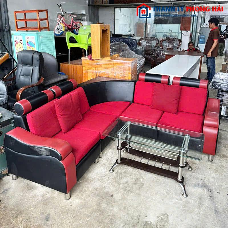 Sofa Góc L 2m Bọc Đệm Đỏ Đen Cũ