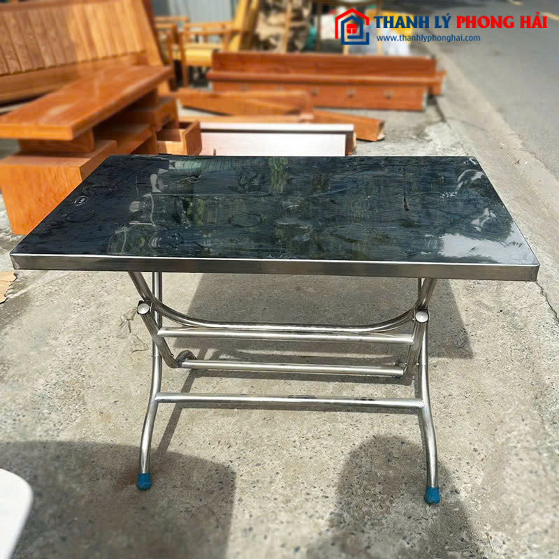 Bàn Inox Mặt Chữ Nhật 1m13 Gấp Gọn Cũ