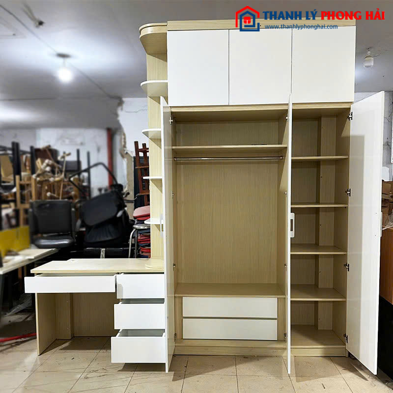 Tủ Quần Áo Gỗ Cũ 2m7 Kết Hợp Bàn Học