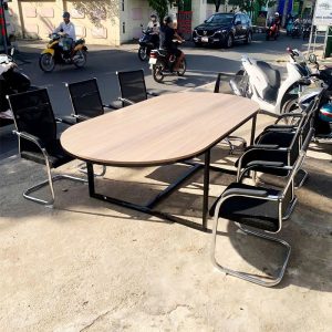 Bàn Họp Chân Sắt Mặt Cũ Gỗ Oval 2m4