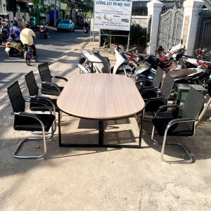 Bàn Họp Chân Sắt Mặt Cũ Gỗ Oval 2m4