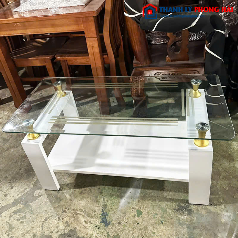 Bàn Sofa Mặt Kính Cũ Chân Gỗ Màu Trắng