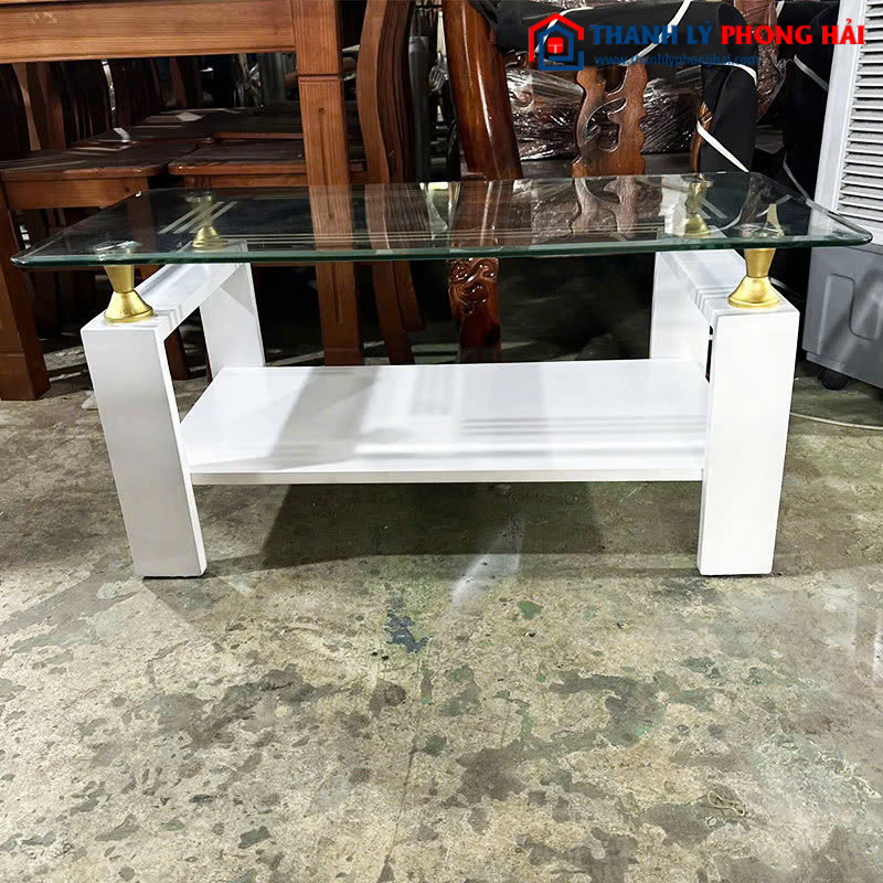 Bàn Sofa Mặt Kính Cũ Chân Gỗ Màu Trắng