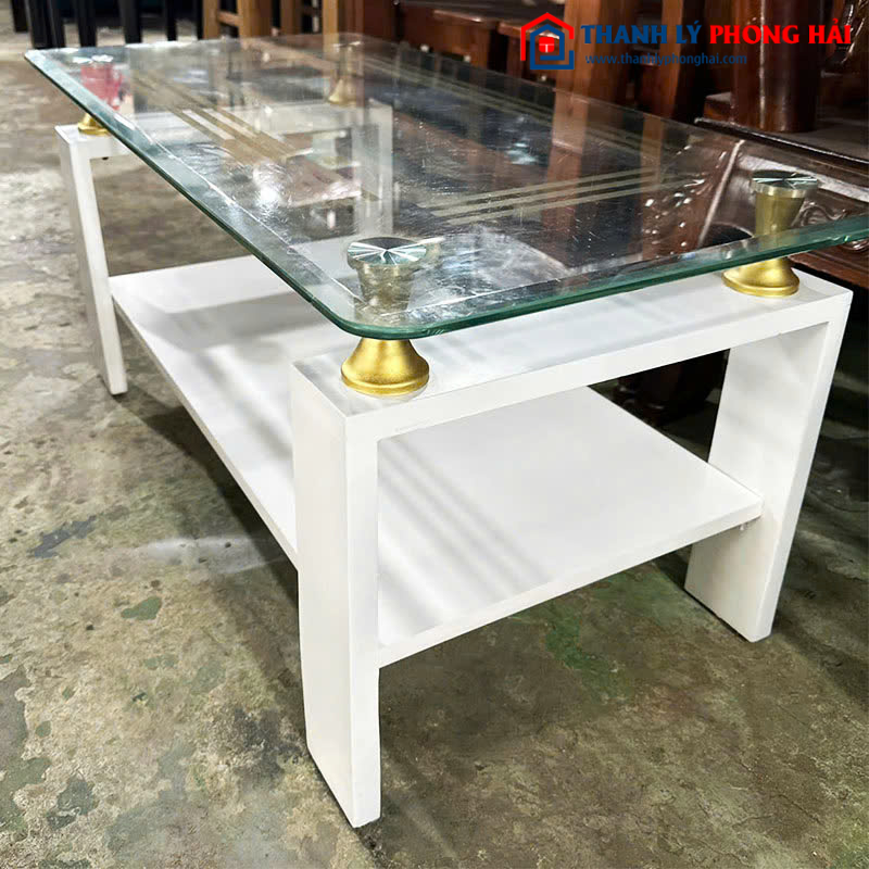 Bàn Sofa Mặt Kính Cũ Chân Gỗ Màu Trắng
