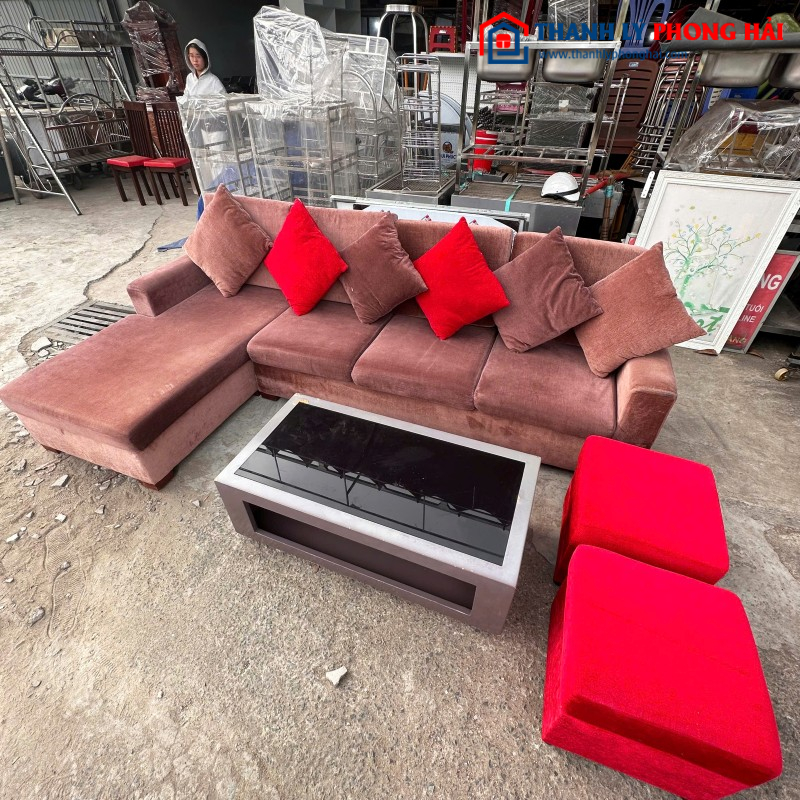 Bộ Sofa Góc L 2m6 Bọc Vải Nâu Đỏ Kèm Đôn