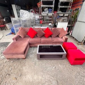 Bộ Sofa Góc L 2m6 Bọc Vải Nâu Đỏ Kèm Đôn