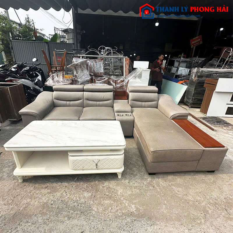 Bộ Sofa Góc L 2m85 Cũ Sang Trọng Kèm Bàn Mặt Đá