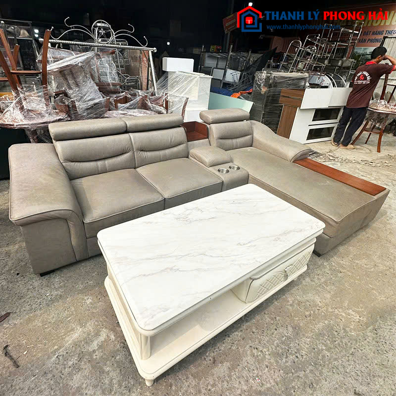 Bộ Sofa Góc L 2m85 Cũ Sang Trọng Kèm Bàn Mặt Đá