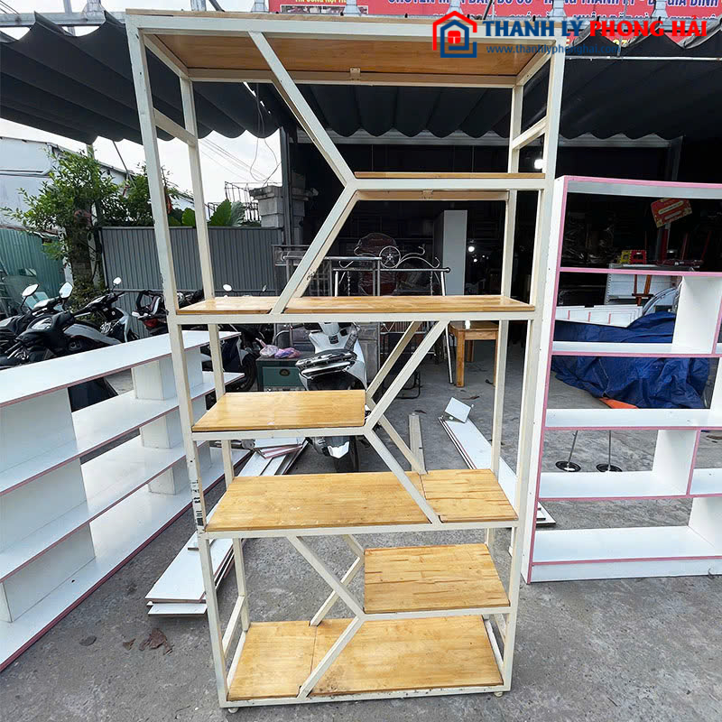 Kệ Trưng Bày Gỗ Tự Nhiên Khung Sắt 1m Cũ