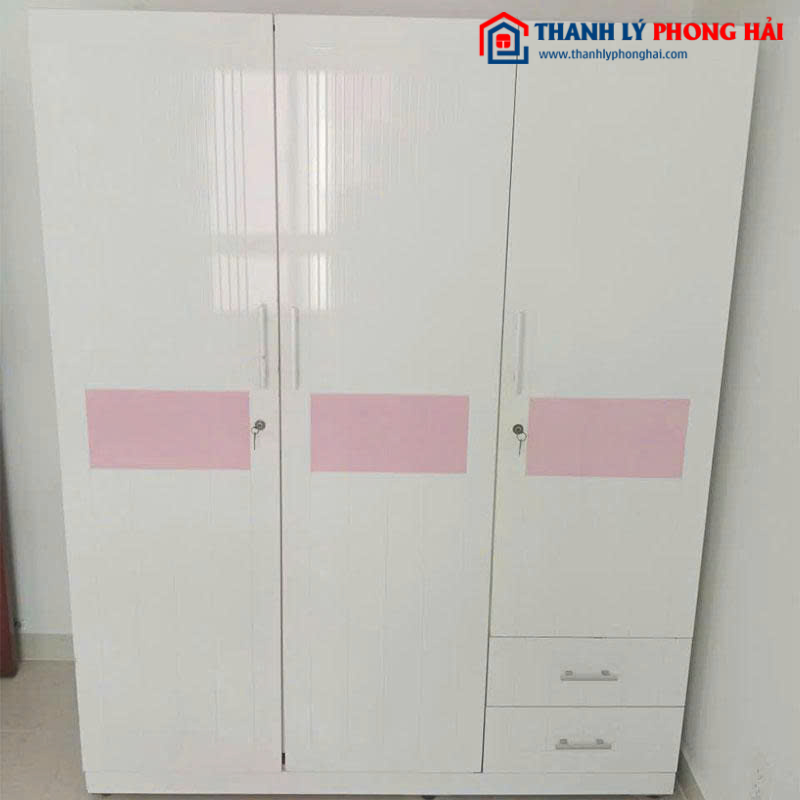 Tủ Quần Áo 3 Cánh Cũ 1m6 Màu Trắng Phối Hồng