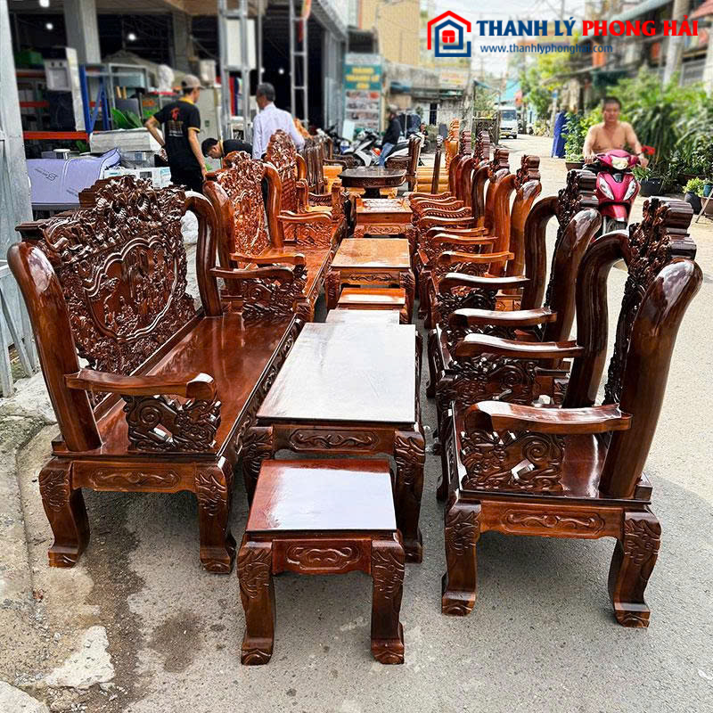 Salon Gỗ Tay 12 Chạm Đỉnh Rồng Lưng Tấm Mới 99%