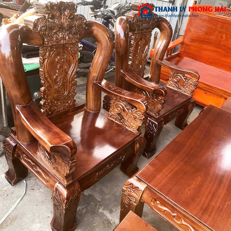 Salon Gỗ Tay 12 Chạm Đỉnh Rồng Lưng Tấm Mới 99%