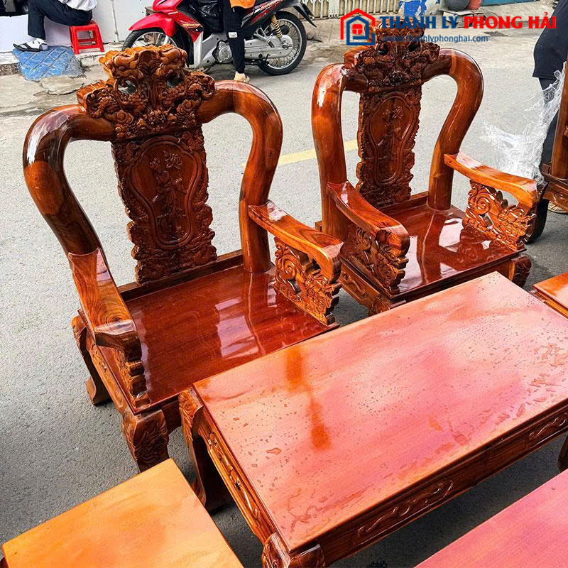 Salon Gỗ Tay 12 Chạm Đỉnh Rồng Lưng Tấm Mới 99%