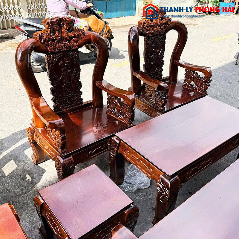 Salon Gỗ Tay 12 Chạm Đỉnh Rồng Lưng Tấm Mới 99%