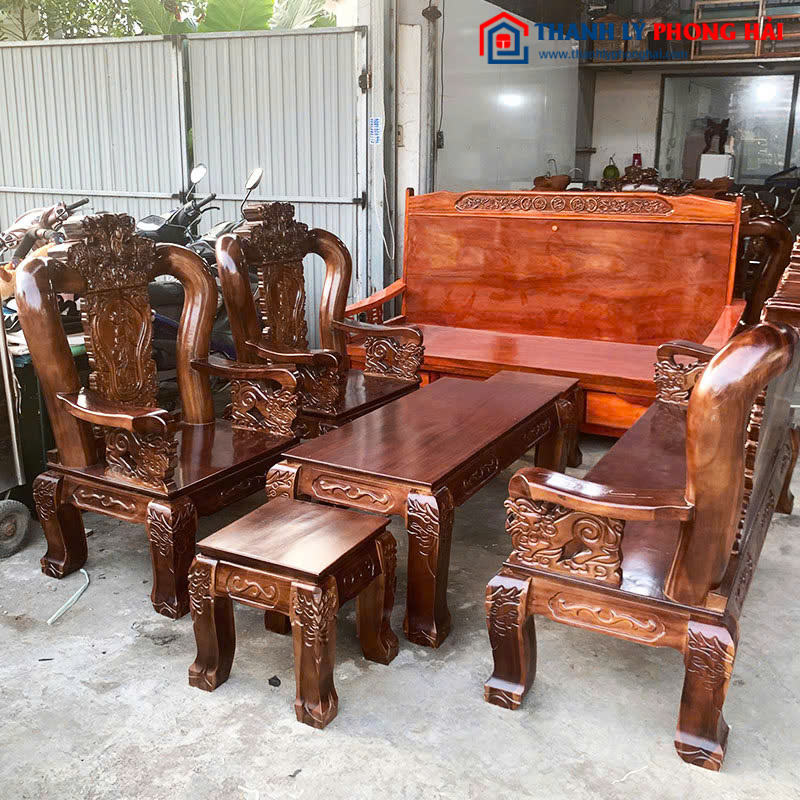 Salon Gỗ Tay 12 Chạm Đỉnh Rồng Lưng Tấm Mới 99%