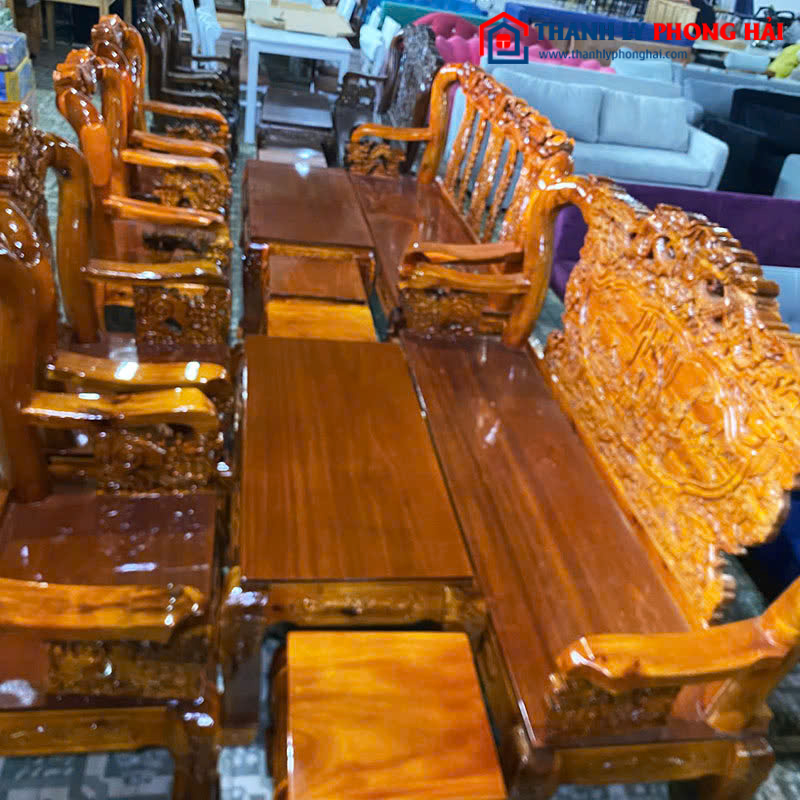Salon Gỗ Tay 12 Chạm Đỉnh Rồng Lưng Tấm Mới 99%