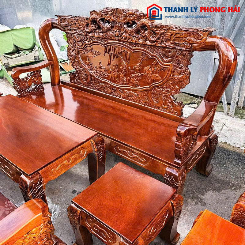 Salon Gỗ Tay 12 Chạm Đỉnh Rồng Lưng Tấm Mới 99%