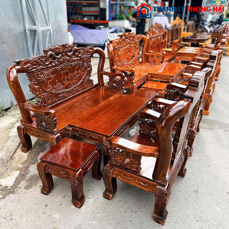 Salon Gỗ Tay 12 Chạm Đỉnh Rồng Lưng Tấm Mới 99%